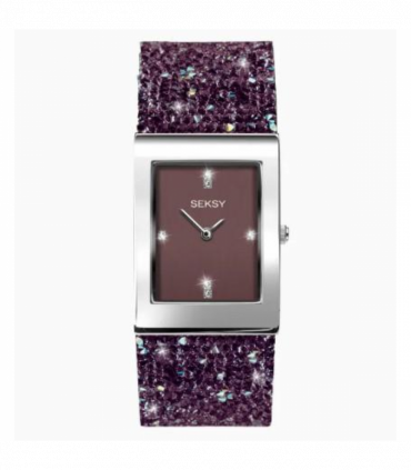 Sekonda Seksy Ladies Bling Rectangular Purple Dial & Purple stone Stainless Steel Bracelet Strap Watch