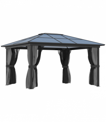 4x3.6m Aluminium Hardtop Gazebo Canopy w/ Polycarbonate Top, Curtains Outsunny