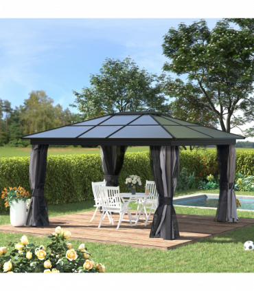 4x3.6m Aluminium Hardtop Gazebo Canopy w/ Polycarbonate Top, Curtains Outsunny