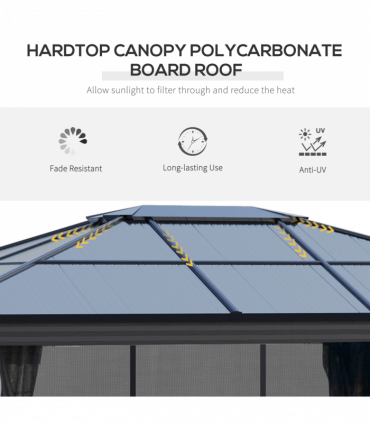 4x3.6m Aluminium Hardtop Gazebo Canopy w/ Polycarbonate Top, Curtains Outsunny