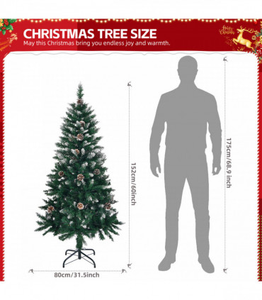 5 FT Artificial Snow Tipped Christmas Tree with DIY 100 Warm Lights Battery Operated, 21 Pine Cones, 800 Branch Tips and Sturdy Metal Stand, Green & Snow Tipped