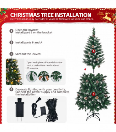 5 FT Artificial Snow Tipped Christmas Tree with DIY 100 Warm Lights Battery Operated, 21 Pine Cones, 800 Branch Tips and Sturdy Metal Stand, Green & Snow Tipped