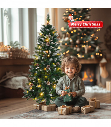 5 FT Artificial Snow Tipped Christmas Tree with DIY 100 Warm Lights Battery Operated, 21 Pine Cones, 800 Branch Tips and Sturdy Metal Stand, Green & Snow Tipped