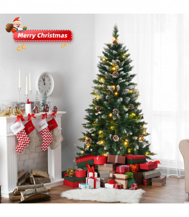 5 FT Artificial Snow Tipped Christmas Tree with DIY 100 Warm Lights Battery Operated, 21 Pine Cones, 800 Branch Tips and Sturdy Metal Stand, Green & Snow Tipped