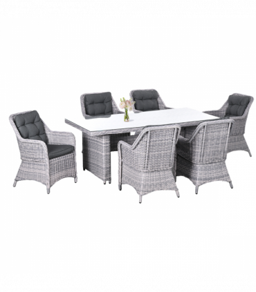 7 PCS Patio PE Rattan Wicker Dining Table Set Furniture w/ Tempered Glass