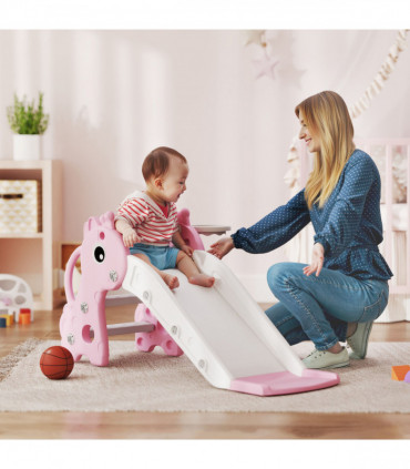 AIYAPLAY 3 in 1 Kids Slide with Climber, Basketball Hoop and Ball, Pink