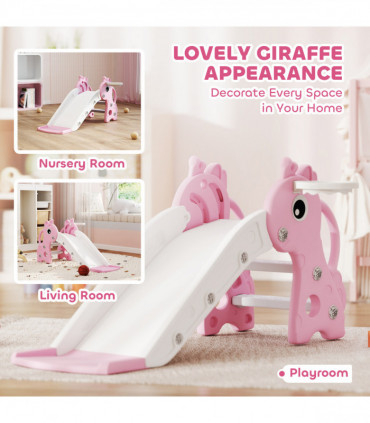 AIYAPLAY 3 in 1 Kids Slide with Climber, Basketball Hoop and Ball, Pink