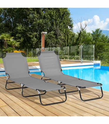 Outsunny Folding Sun Loungers Set of 2 with Adjustable Backrest, Dark Grey