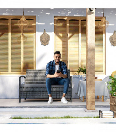 Outsunny Rattan Garden Bench w/ 125L Storage, Cushioned Outdoor Bench, Grey