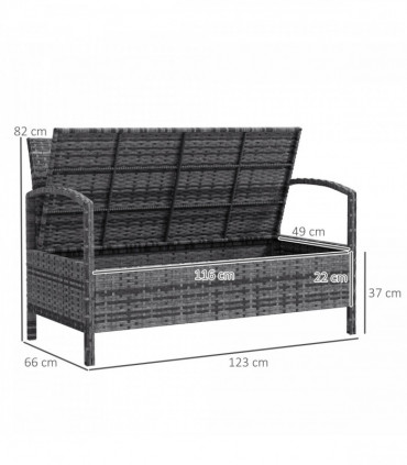 Outsunny Rattan Garden Bench w/ 125L Storage, Cushioned Outdoor Bench, Grey