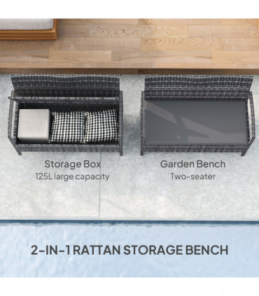 Outsunny Rattan Garden Bench w/ 125L Storage, Cushioned Outdoor Bench, Grey