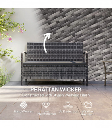 Outsunny Rattan Garden Bench w/ 125L Storage, Cushioned Outdoor Bench, Grey