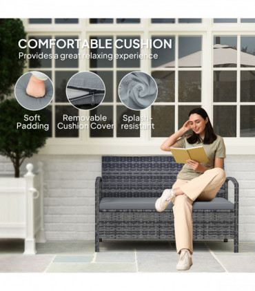 Outsunny Rattan Garden Bench w/ 125L Storage, Cushioned Outdoor Bench, Grey