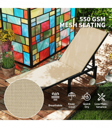 Outsunny Sun Lounger, 5-Level Reclining Sunbed, Khaki