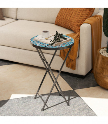 Outsunny Mosaic Garden Table, 35.5cm Folding Coffee Table, Blue