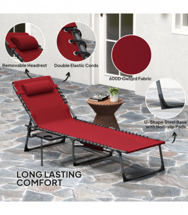 Outsunny Folding Sun Lounger with 5-Level Reclining Back, Side Table, Red