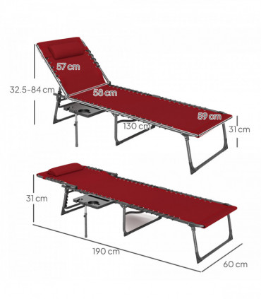 Outsunny Folding Sun Lounger with 5-Level Reclining Back, Side Table, Red