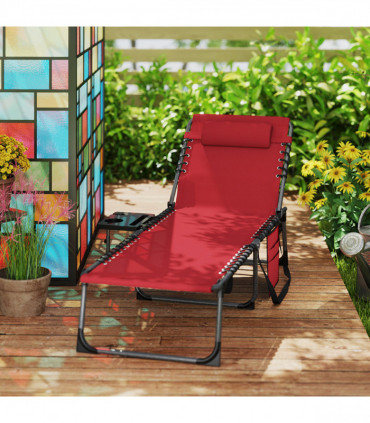 Outsunny Folding Sun Lounger with 5-Level Reclining Back, Side Table, Red