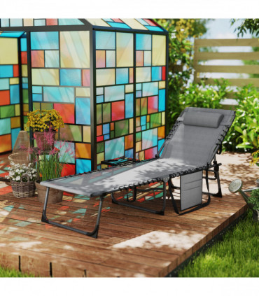 Outsunny Folding Sun Lounger with 5-Level Reclining Back, Side Table, Grey