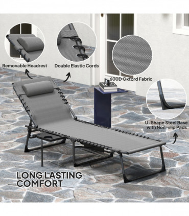 Outsunny Folding Sun Lounger with 5-Level Reclining Back, Side Table, Grey