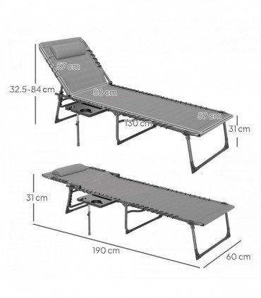Outsunny Folding Sun Lounger with 5-Level Reclining Back, Side Table, Grey