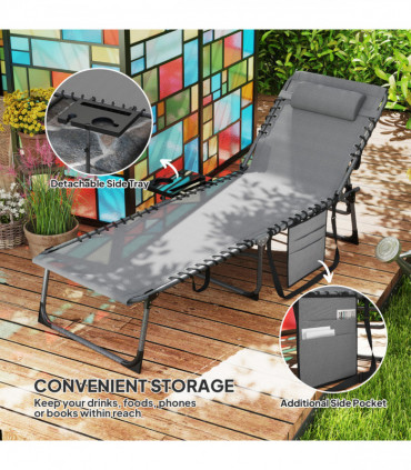 Outsunny Folding Sun Lounger with 5-Level Reclining Back, Side Table, Grey