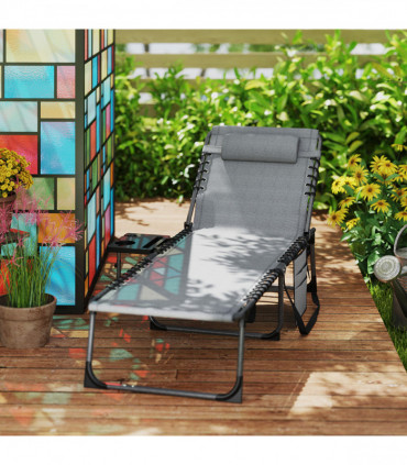 Outsunny Folding Sun Lounger with 5-Level Reclining Back, Side Table, Grey
