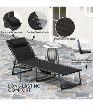 Outsunny Folding Sun Lounger with 5-Level Reclining Back, Side Table, Black