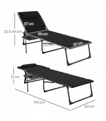Outsunny Folding Sun Lounger with 5-Level Reclining Back, Side Table, Black