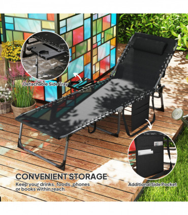 Outsunny Folding Sun Lounger with 5-Level Reclining Back, Side Table, Black