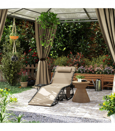 Outsunny Folding Sun Lounger with 5-Level Reclining Back, Side Table, Beige