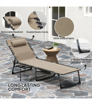 Outsunny Folding Sun Lounger with 5-Level Reclining Back, Side Table, Beige