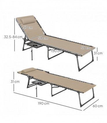 Outsunny Folding Sun Lounger with 5-Level Reclining Back, Side Table, Beige