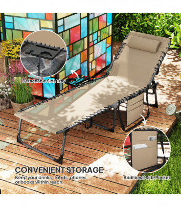 Outsunny Folding Sun Lounger with 5-Level Reclining Back, Side Table, Beige