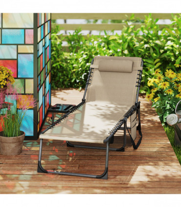 Outsunny Folding Sun Lounger with 5-Level Reclining Back, Side Table, Beige