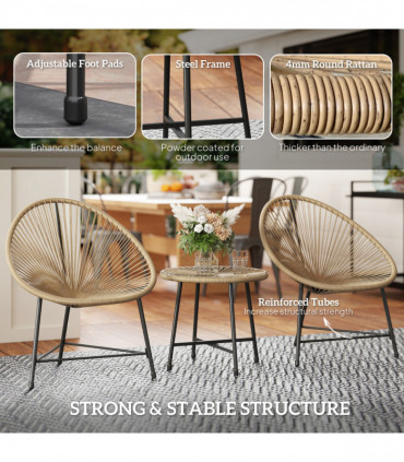 Outsunny Rattan Bistro Set, Cushioned Acapulco Chairs, Glass Table, Natural
