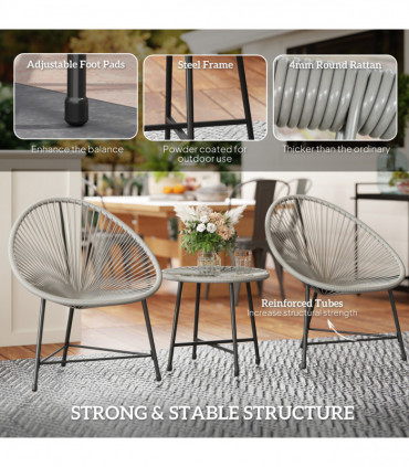 Outsunny Rattan Bistro Set, Cushioned Acapulco Chairs, Glass Table, Grey