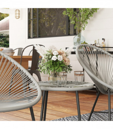 Outsunny Rattan Bistro Set, Cushioned Acapulco Chairs, Glass Table, Grey