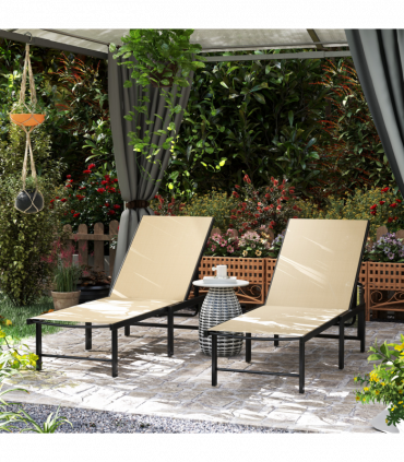 Outsunny Sun Loungers Set of 2, 5-Level Reclining Sunbeds, Khaki