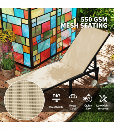 Outsunny Sun Loungers Set of 2, 5-Level Reclining Sunbeds, Khaki