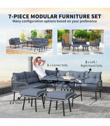 Outsunny Sectional Outdoor Furniture with Glass Top Table, Charcoal Grey
