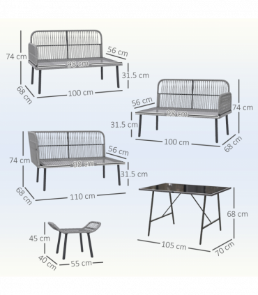 Outsunny Sectional Outdoor Furniture with Glass Top Table, Charcoal Grey