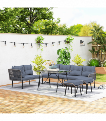 Outsunny Sectional Outdoor Furniture with Glass Top Table, Charcoal Grey