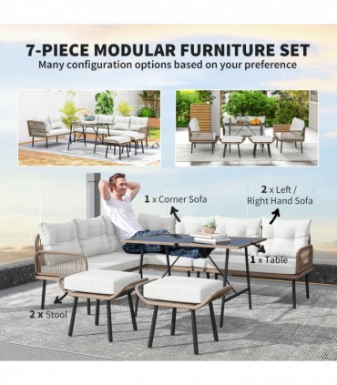 Outsunny Sectional Outdoor Furniture with Glass Top Table, Cream White