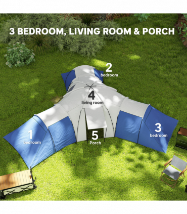 Outsunny Large Tunnel Tent with 3 Bedroom, Living Area and Porch, Blue