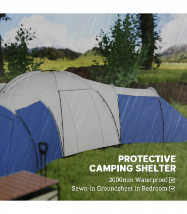 Outsunny Large Tunnel Tent with 3 Bedroom, Living Area and Porch, Blue