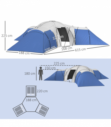 Outsunny Large Tunnel Tent with 3 Bedroom, Living Area and Porch, Blue