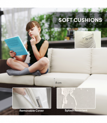 Outsunny 4 Seater Rattan Sofa Set with Footstool Thick Cushions Brown Cream