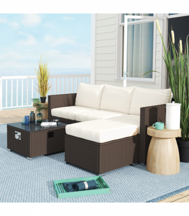 Outsunny 4 Seater Rattan Sofa Set with Footstool Thick Cushions Brown Cream