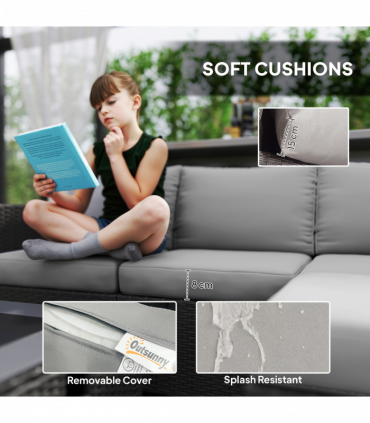 Outsunny 4 Seater Rattan Sofa Set with Footstool Thick Cushions Grey